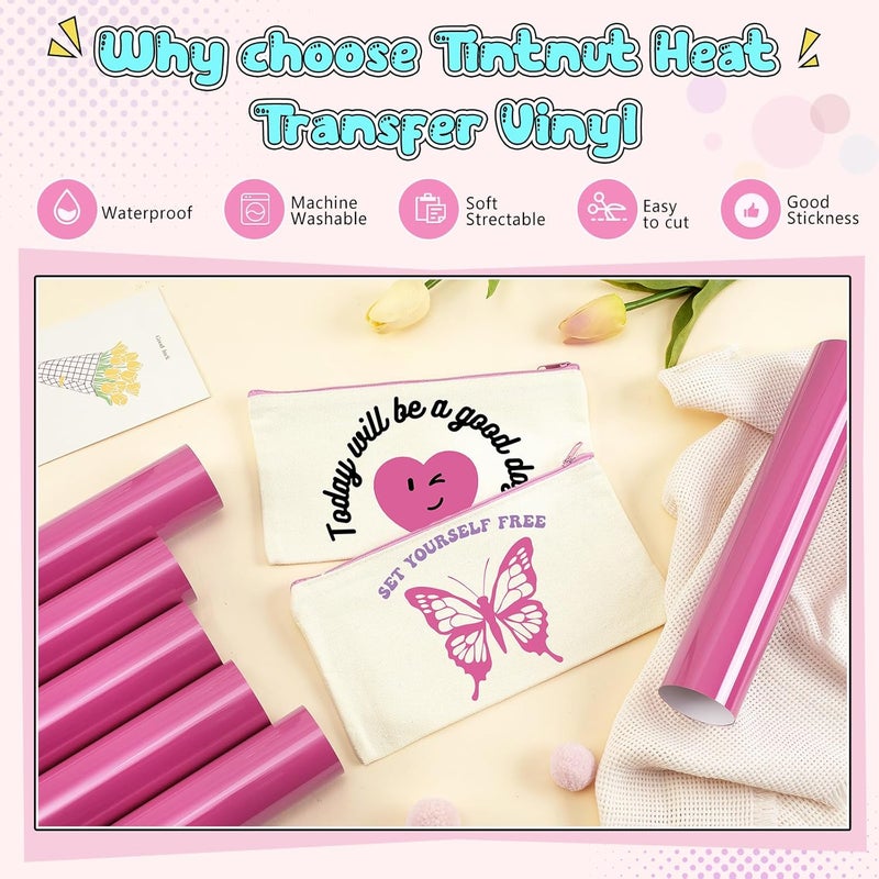 Tintnut Pink Power Color Heat Transfer Vinyl -6 Sheets 12"x10" Bright Color Iron on Vinyl for T-Shirts Clothing Bags HTV Vinyl for All Cutting Machine - Image 3